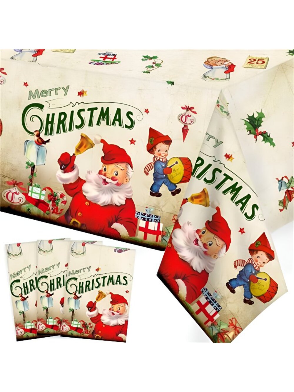 3 Pack Vintage Christmas Decor Merry Tablecloths Disposable (70x43"), Yellow